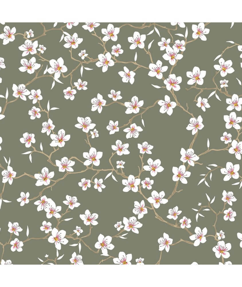 Tissu fleurs amandier sauge vert Tissu fleurs amandier sauge vert