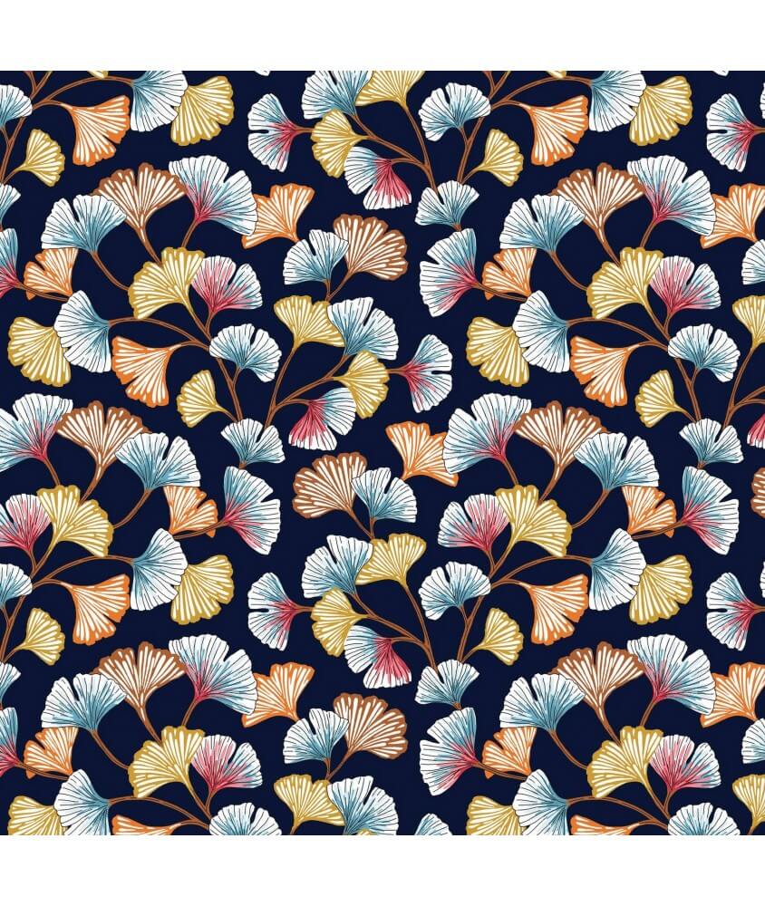 Tissu fleurs Aphrodites Ginko sperenza feuilles bleu Marine Tissu fleurs Aphrodites Ginko sperenza feuilles bleu Marine