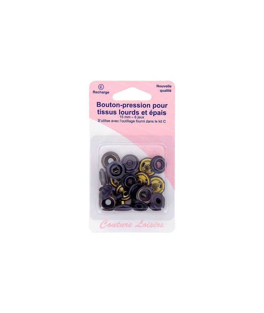 boutons pression 15mm tissus lourds et épais - nickelée, noir, bronze X 12 - Distrifil