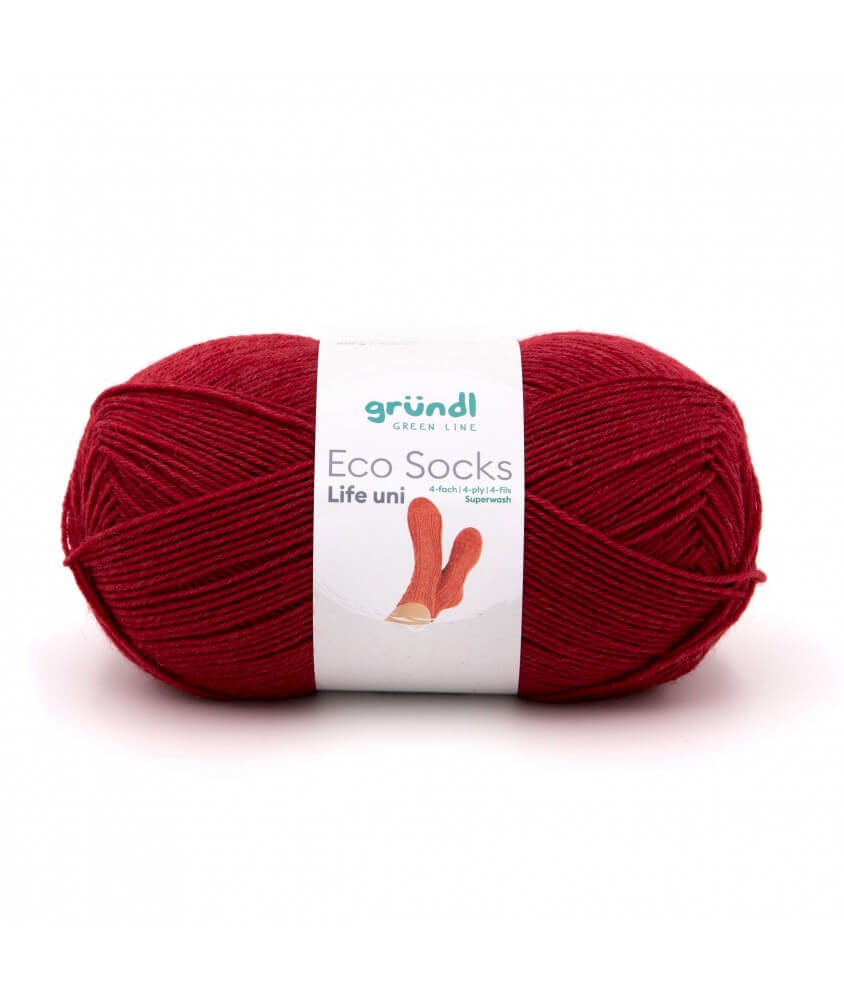 Laine à chaussettes à tricoter ECO SOCKS LIFE UNI - 100 GR - Grundl - certifiée Oeko-Tex ROUGE 01 SPERENZA