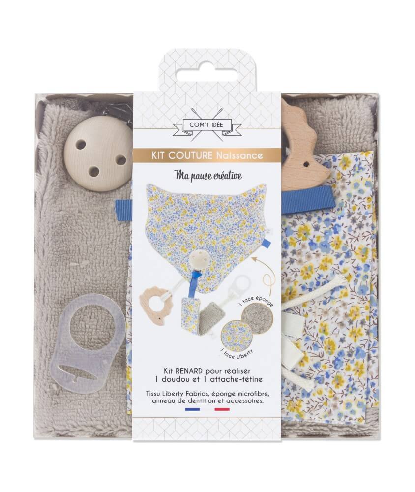 Kit couture naissance avec 1 doudou Renard et 1 attache tétine pour bébé avec tissu Liberty ® Phoebe