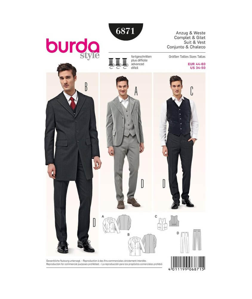 Patron Burda 6871 Costume complet et gilet du 44 au 54 Patron Burda 6871 Costume complet et gilet du 44 au 54