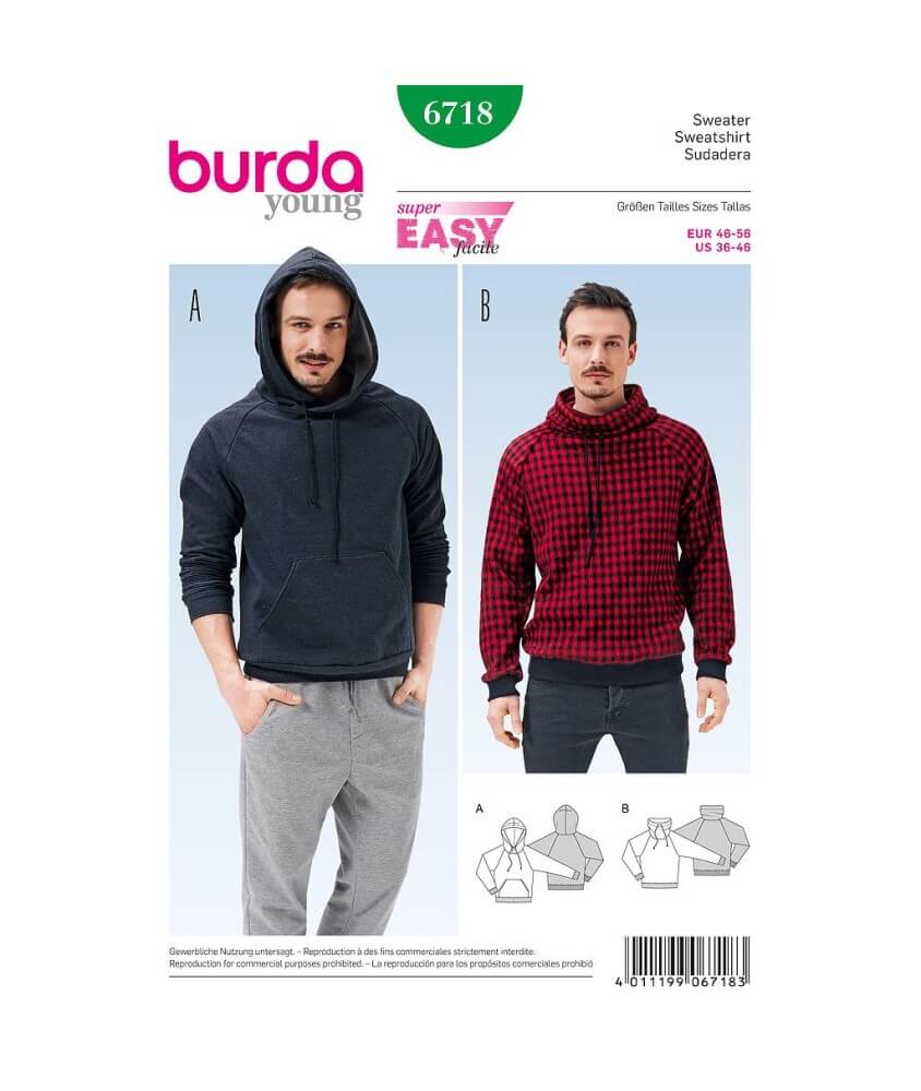 Patron Burda 6718 : Sweatshirt Homme du 46 au 56