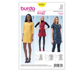 Patron Burda 6721 : Robe droite légèrement évasée avec variations de manches du 34 au 44