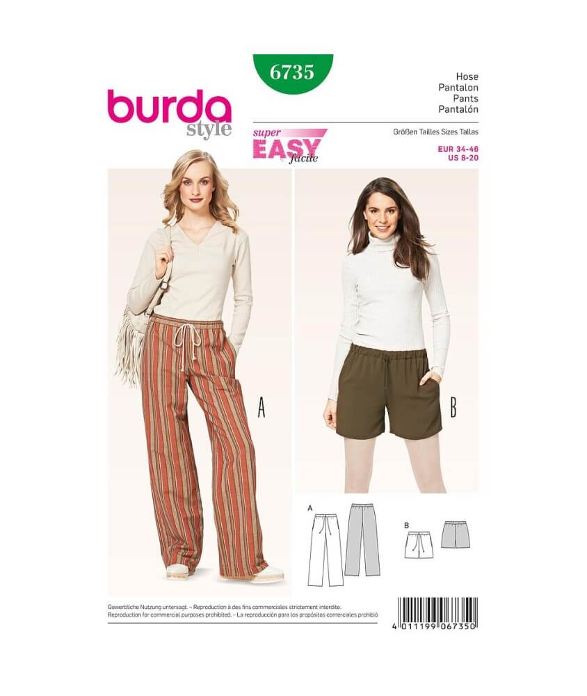 Patron Burda 6735 : Pantalon et short Femme avec coulisse et cordon du 34 au 46