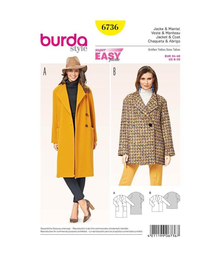 Patron Burda 6736 Veste et manteau du 34 au 46