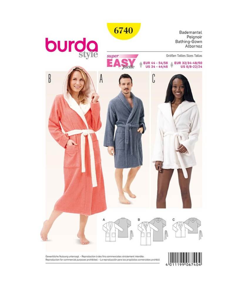 Patron Burda 6740 Peignoir femme du 32 au 50 et homme du 44 au 56