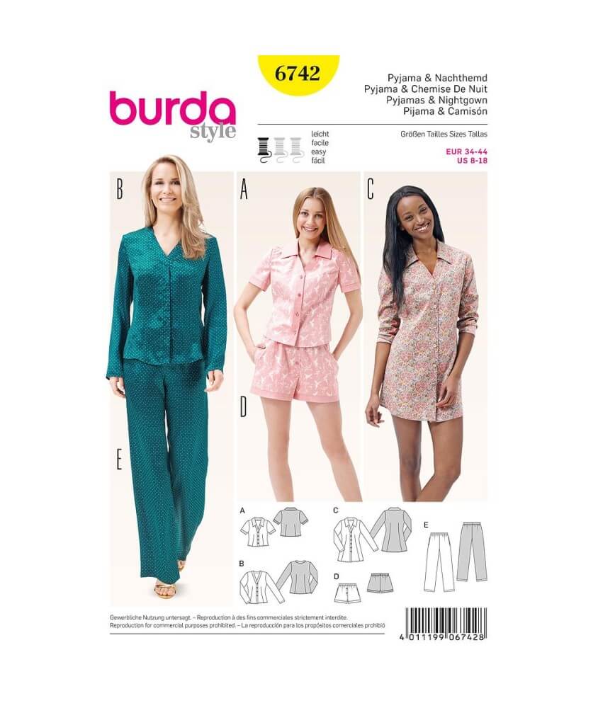 Patron Burda 6742 : Pyjama et chemise de nuit Femme du 34 au 44