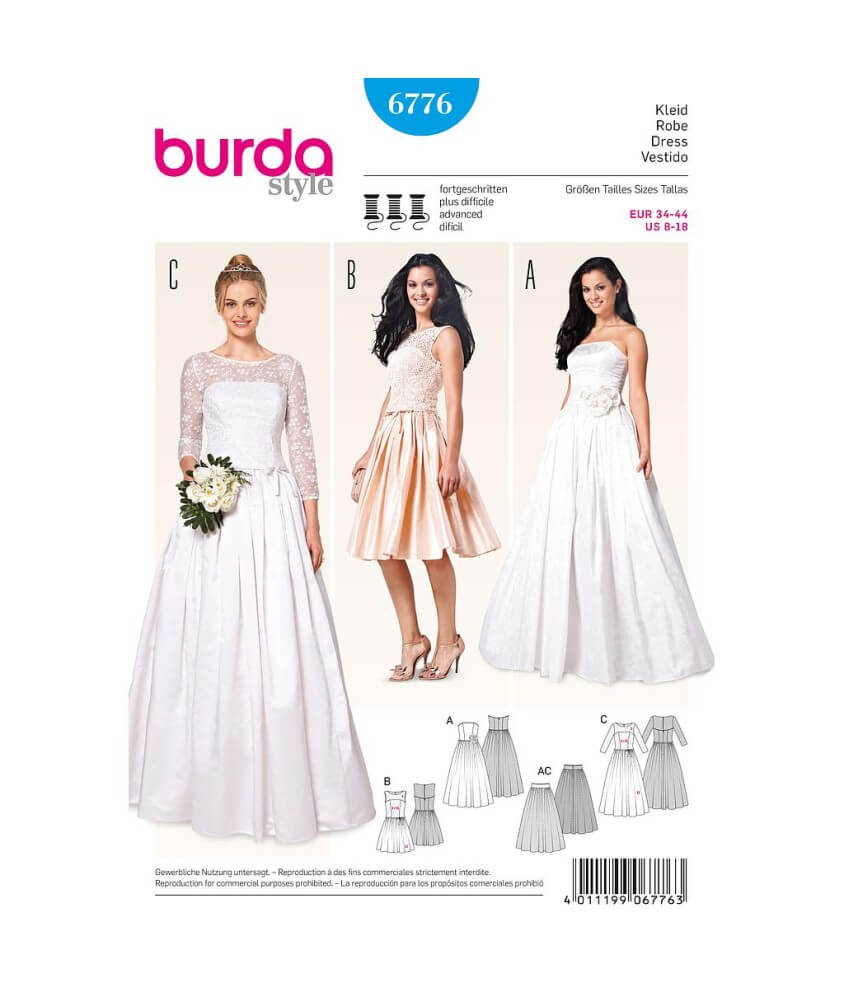 Patron Burda 6776 Robe de mariée et robe de soirée du 34 au 44