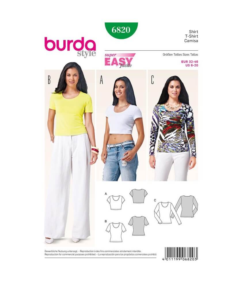 Patron Burda 6820 - T-shirt Femme encolure ronde avec variation de longueur du 32 au 46