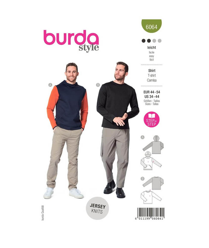 Patron Burda 6064 - SweaTee-Shirt Homme classique avec capuche ou bordure d'encolure du 44 au 54