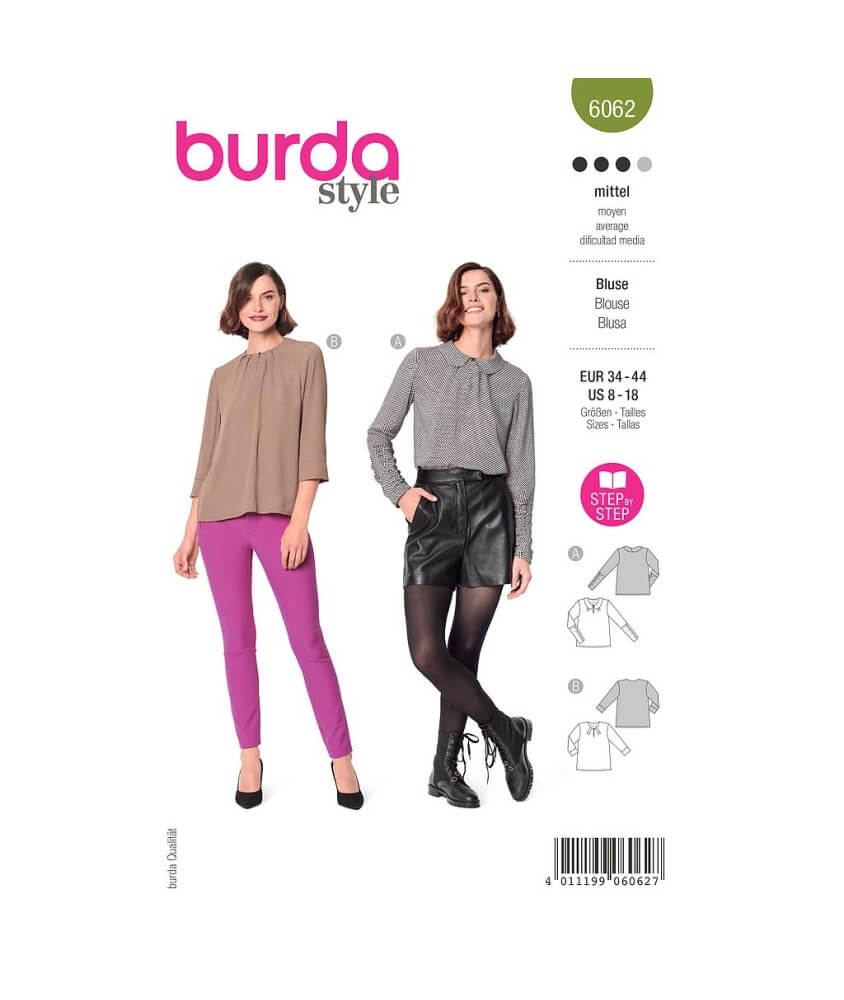 Patron Burda 6062 - Blouse Femme façon Tee-Shirt avec fente et petits plis du 34 au 44