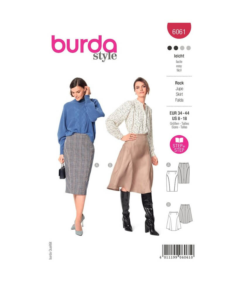 Patron Burda 6061- Jupe avec des découpe de jupe arrondies sur les côtés du 34 au 44