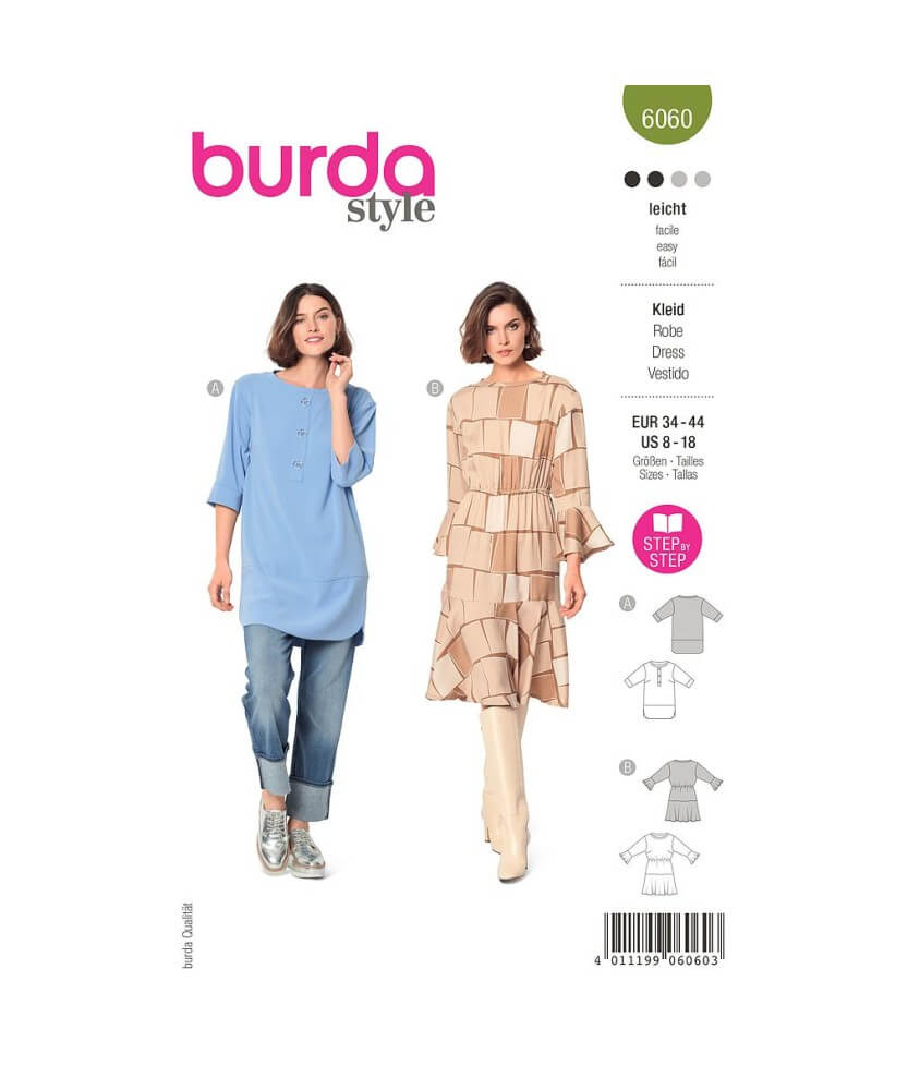 Patron Burda 6060 - Tunique Femme avec parements et fentes arrondies / robe à volants et coulisse élastiquée du 34 au 44