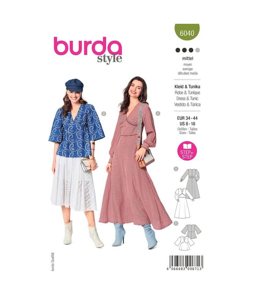 Patron Burda 6040 - Robe et Blouse encolure V et manches froncées du 34 au 44