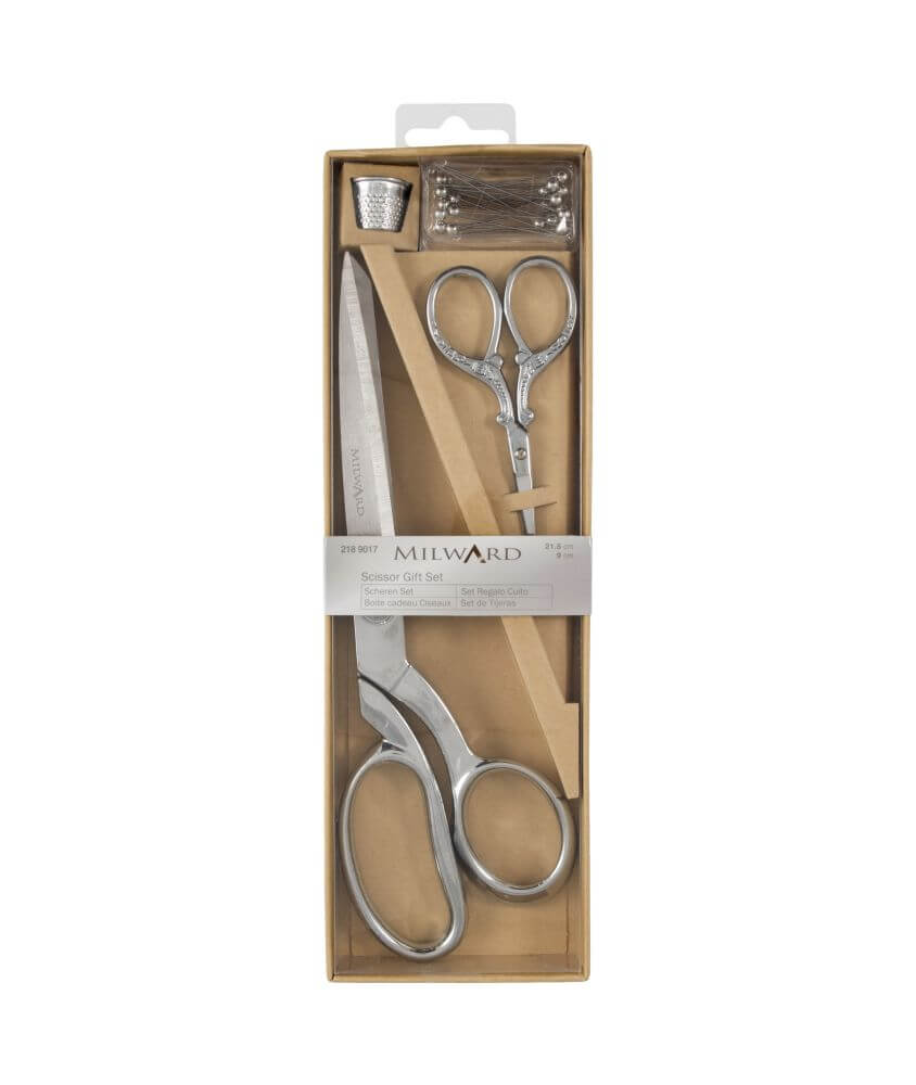 Coffret ciseaux : couture 21.5cm + broderie 9.5cm + dé à coudre + épingles - Milward Coffret ciseaux : couture 21.5cm + broderie 9.5cm + dé à coudre + épingles - Milward