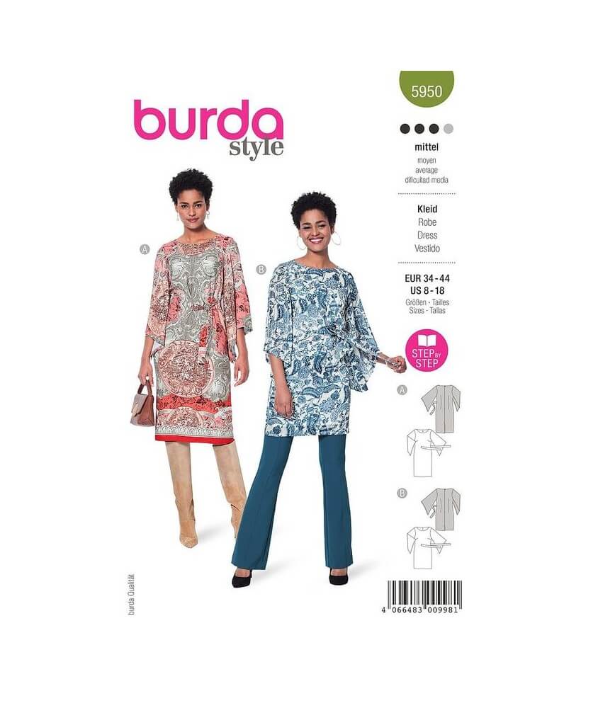 Patron Burda 5950 - Robe cintrée avec encolure arrondie et manches 3/4 du 36 au 46 (FR)