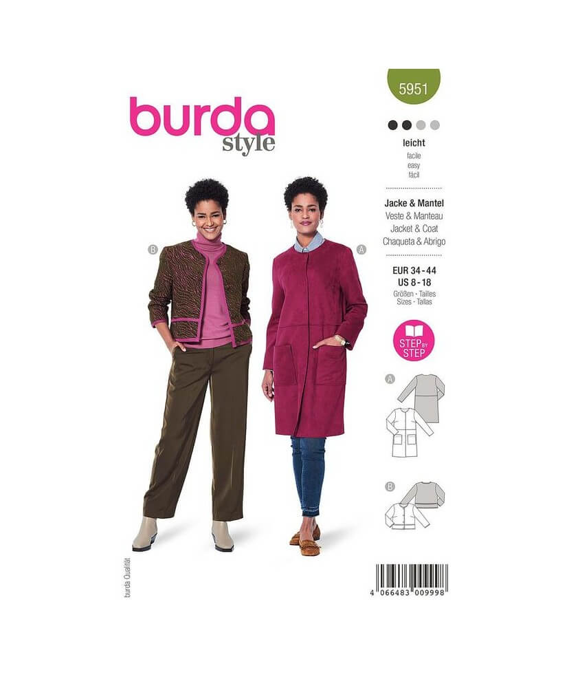 Patron Burda 5951 - Veste courte carrée & manteau sans col du 36 au 46 (FR)