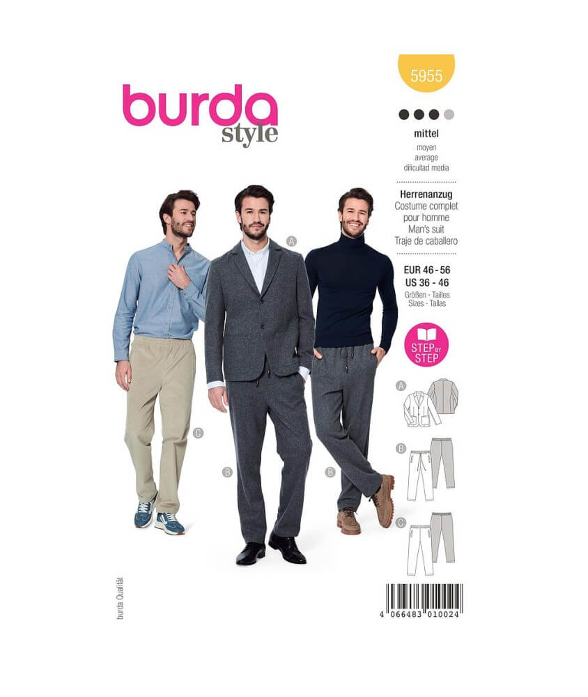 Patron Burda 5955 - Costume homme avec pantalon décontracté et veste classique du 48 au 58 (FR)