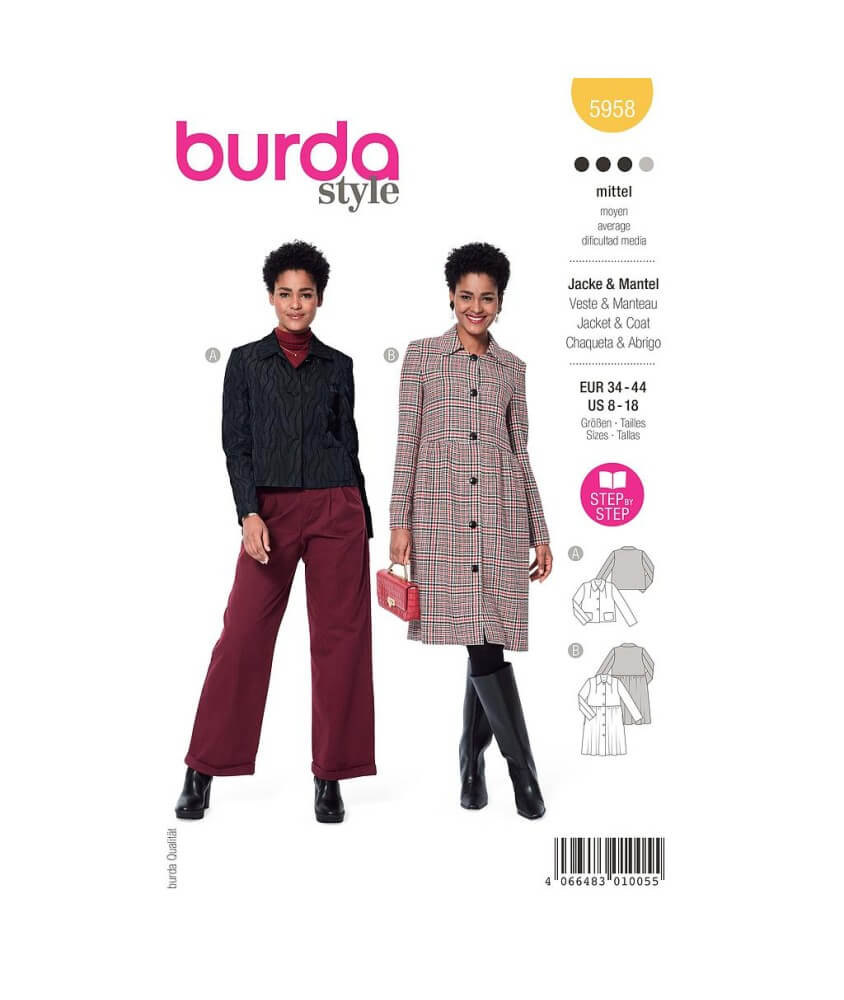Patron Burda 5958 - Veste courte avec col et poches plaquées & manteau au look féminin du 36 au 46 (FR)