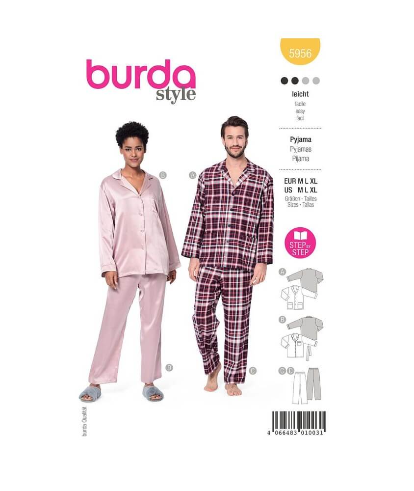Patron Burda 5956 - Pyjama UNISEX classique et confortable pour elle et lui (M, L, XL)