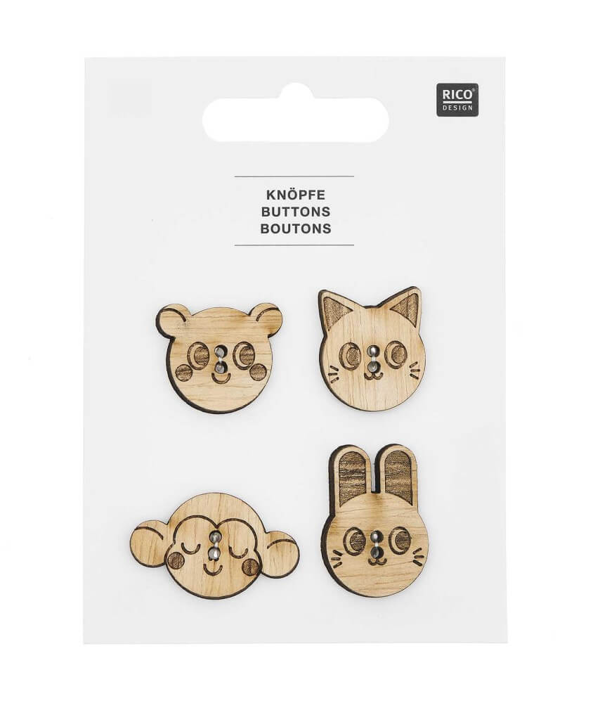 Boutons en Bois Tête d'Animaux X4 de Rico Design : Une Touche de Charme Naturel pour vos Créations Bébé