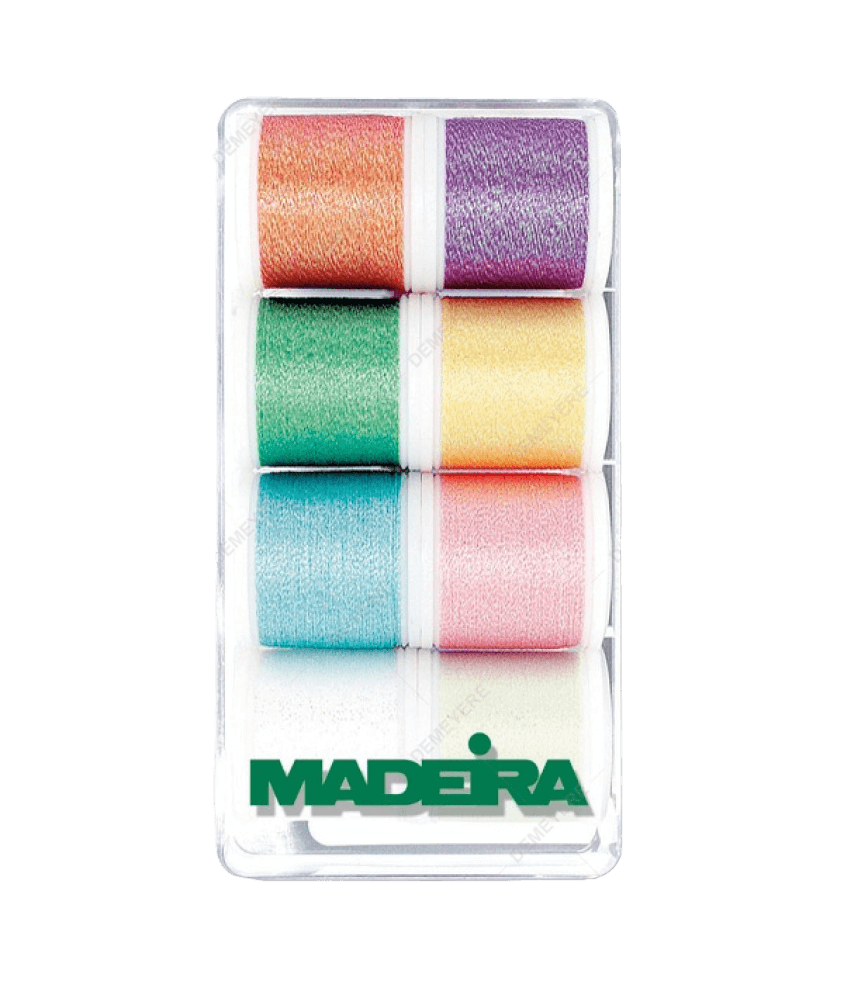 Boîte de 8 Bobines de 200m Metallic Opal – Madeira - Fil Métallique Pastel pour Broderie Machine et Couture Décorative Boîte de 8 Bobines de 200m Metallic Opal – Madeira - Fil Métallique Pastel pour Broderie Machine et Couture Décorative