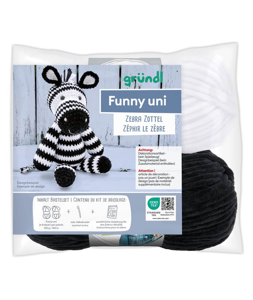 Kit de crochet Gründl Zéphir le Zèbre – Créez votre zèbre amigurumi en coton 100 % bicolore en fil funny certifié Oeko-Tex Kit de crochet Gründl Zéphir le Zèbre – Créez votre zèbre amigurumi en coton 100 % bicolore en fil funny certifié Oeko-Tex