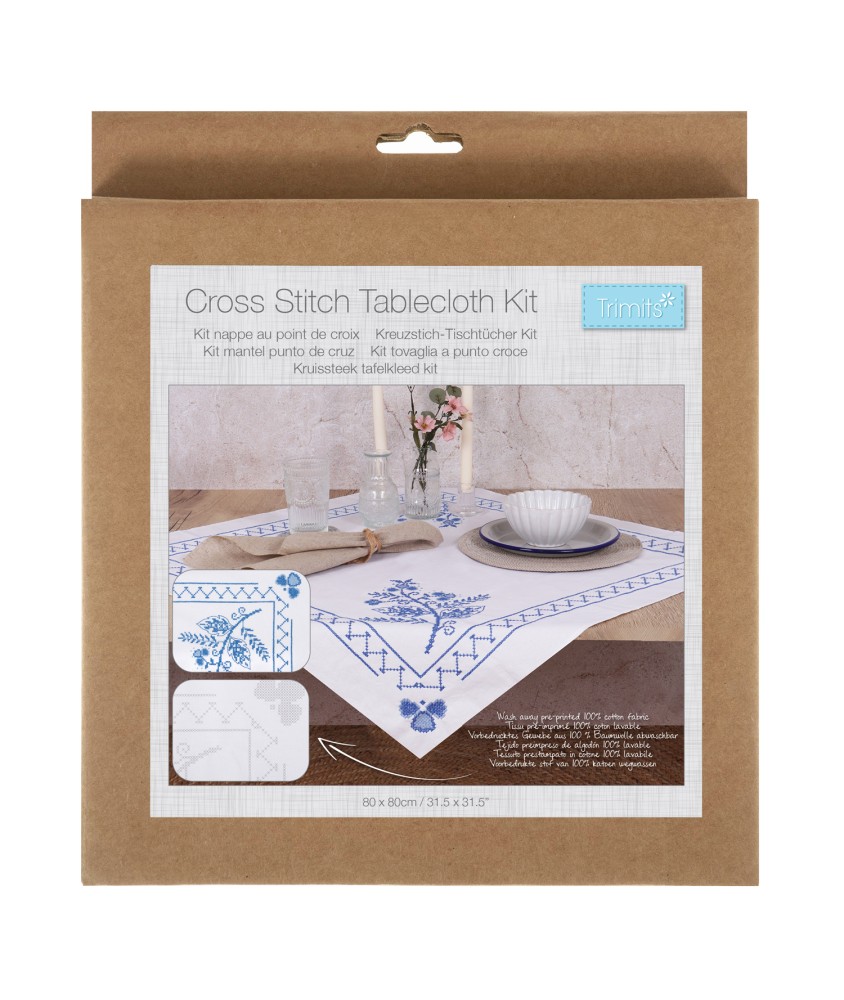 Kit de nappe au point de croix - Floral bleu - 80 x 80 cm - Trimits Kit de nappe au point de croix - Floral bleu - 80 x 80 cm - Trimits