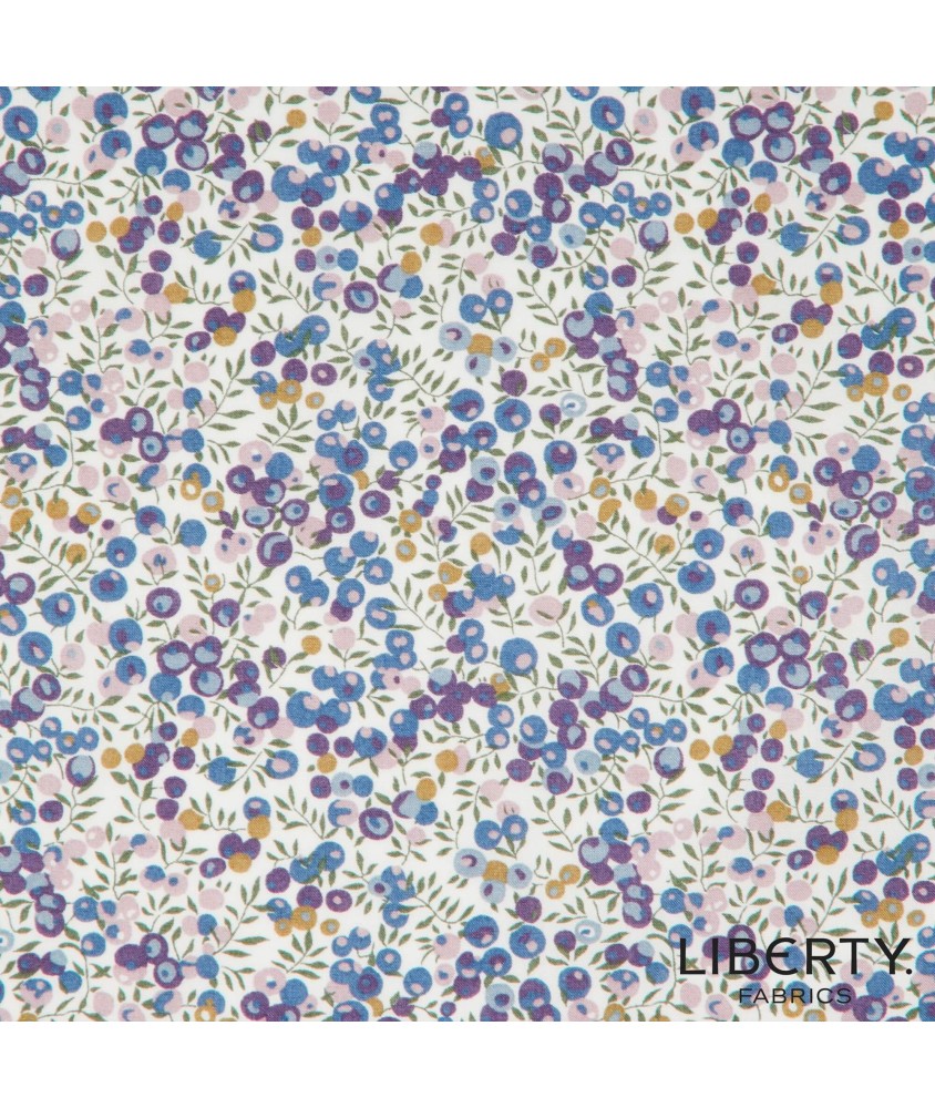 Tissu coton Liberty baies fleuries, semis bleu pervenche et moutarde sur fond ivoire