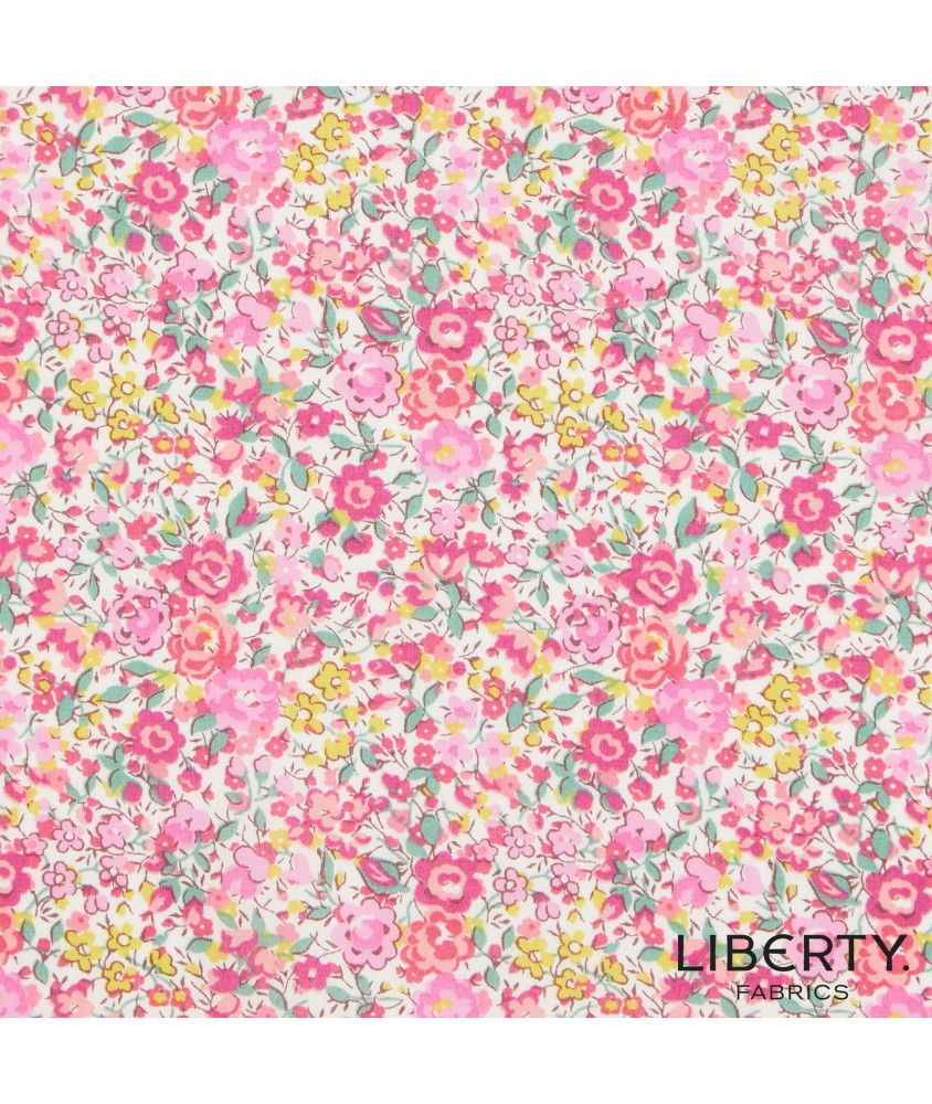 Tissu coton Liberty petites fleurs stylisées, semis multicolore sur fond rose