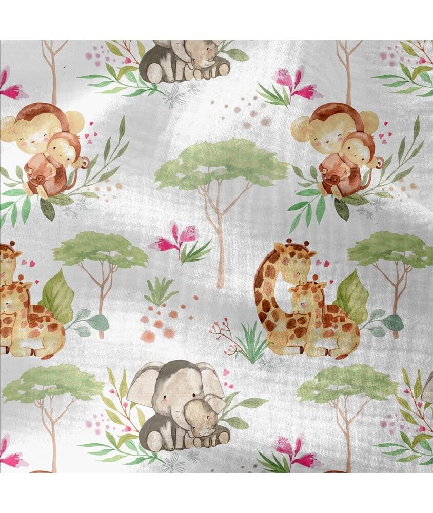 Tissu coton enfant double gaze impression numérique éléphants girafes