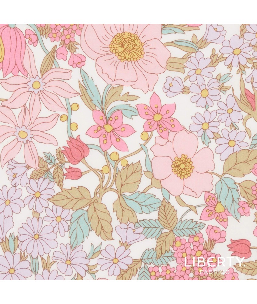 Tissu coton Liberty motif floral rétro, grandes fleurs pastel vintage