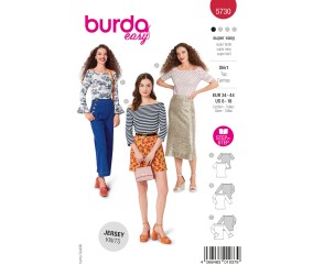 Patron Burda n°5730 : Top jersey encolure bateau 3 variantes (uni, marinière, imprimé)