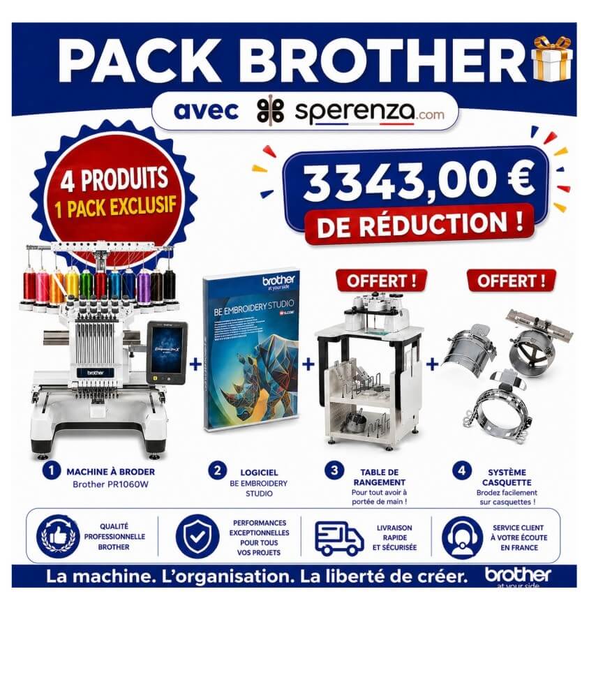 Pack Brother PR1080W + Logiciel BE Embroidery Studio sperenza offre promo pack cadeaux professionnel auto entrepreneur exclusif