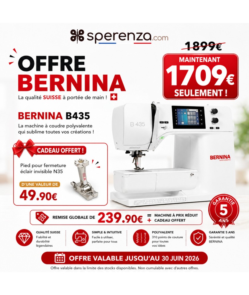 Machine à coudre Bernina B435 - Bernina - Garantie 5 ans pied N35 fermeture invisible offert promotion cadeau