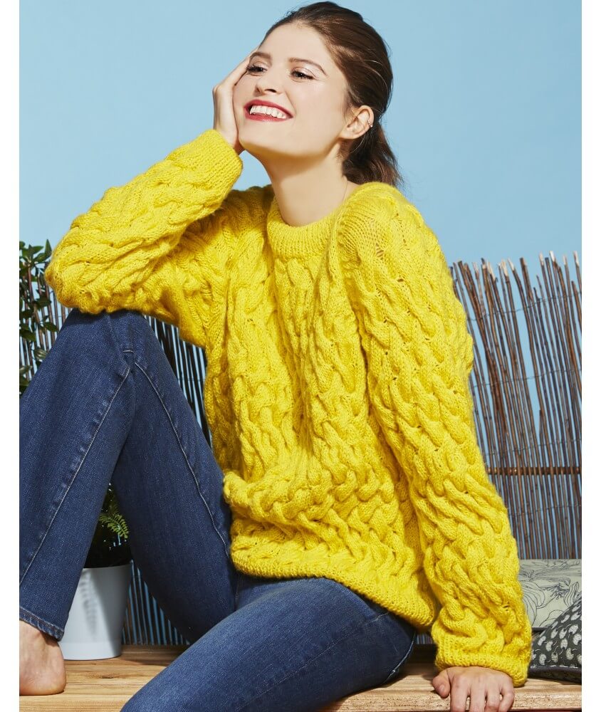 Pull femme torsades col rond jaune Lemon - Bergère de France