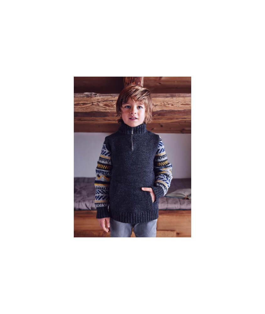 Pull enfant col camionneur manches jacquard - Bergère de France