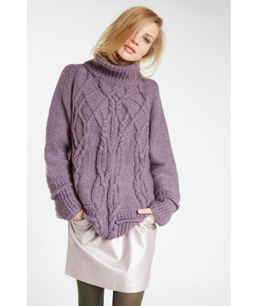 Pull à torsades col fantaisie femme - Patron tricot Bergère de France