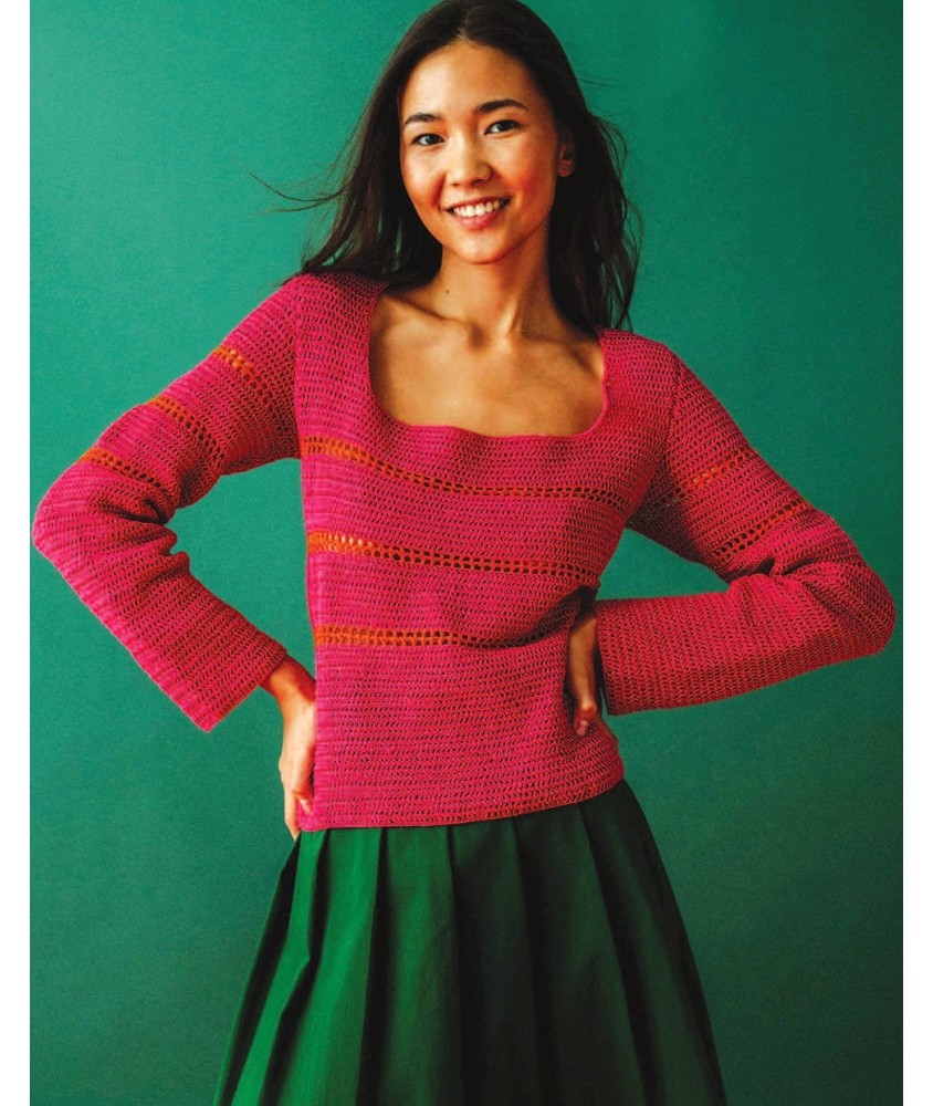 Pull long TROPIQUE AU CROCHET Pingouin - patron crochet femme PDF (photo du modèle porté)