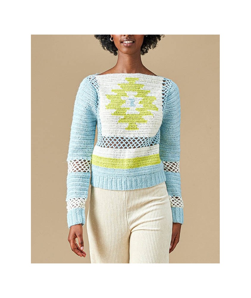 Pull ANOKI AU CROCHET Pingouin - patron crochet femme PDF (photo du modèle porté)