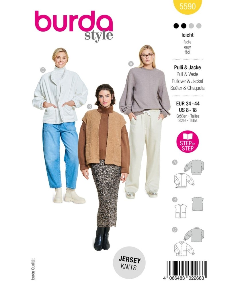 Patron Burda Style n°5590 – Pull, Veste & Gilet Femme Tailles 34-44 - pochette du patron, recto