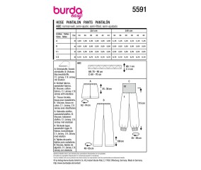 Patron Burda Easy n°5591 – Pantalon & Short Femme Tailles 34-44 - plan de montage et fournitures