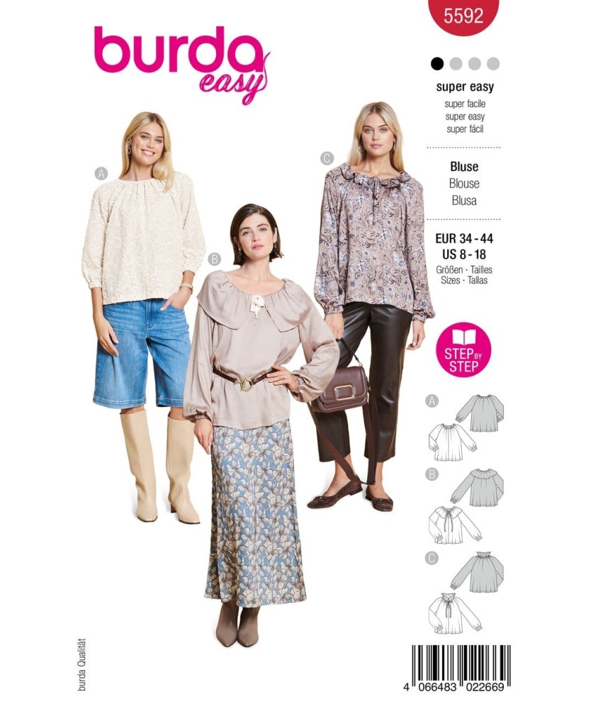 Patron Burda Easy n°5592 – Blouse Raglan Bohème Femme Tailles 34-44 - pochette du patron, recto