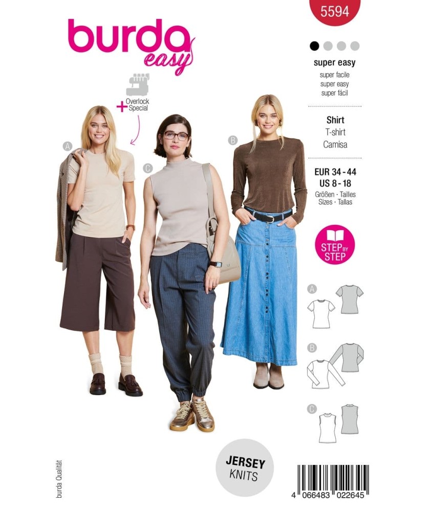 Patron Burda Easy n°5594 – T-shirt, Manches Longues & Col Roulé Femme Tailles 34-44 - pochette du patron, recto