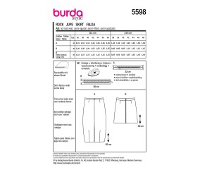 Patron Burda Style n°5598 – Jupe Fendue Femme Tailles 36-48 - plan de montage et fournitures