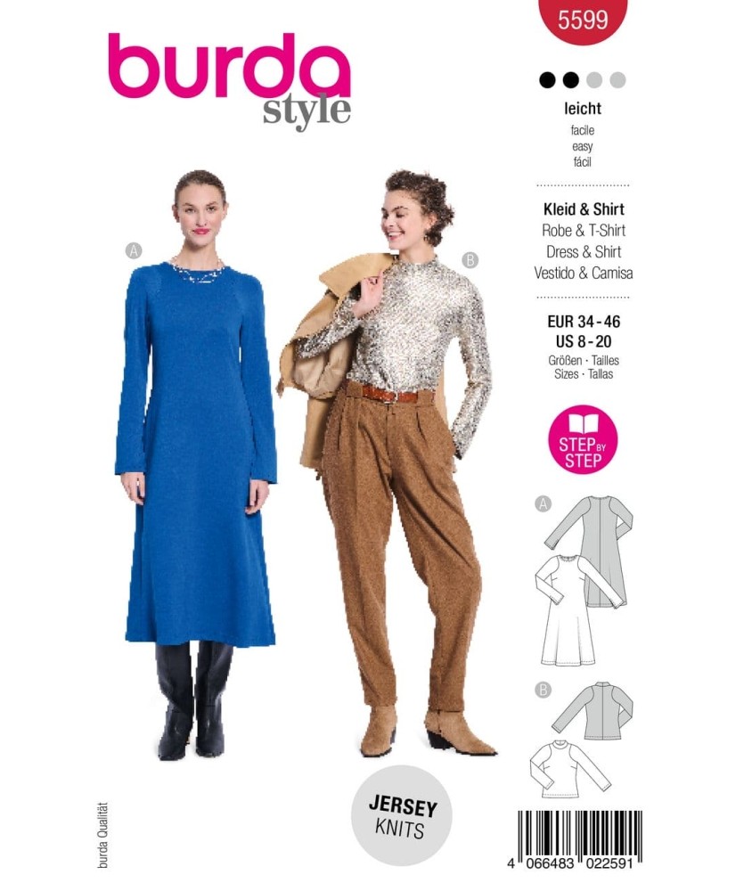Patron Burda Style n°5599 – Robe & Haut Jersey Femme Tailles 34-46 - pochette du patron, recto