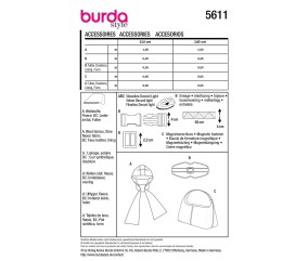 Patron Burda Style n°5611 – Ceinture, Sac & Casquette Taille Unique - dos de la pochette et tableau des tailles