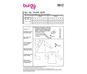 Patron Burda Easy n°5612 – Pull Col V Femme Grandes Tailles 46-60 - plan de montage et fournitures