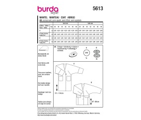 Patron Burda Style n°5613 – Manteau & Veste Raglan Femme Tailles 36-48 - plan de montage et fournitures